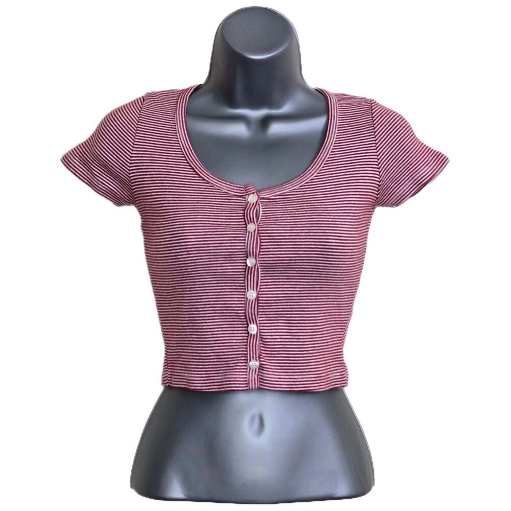Brandy Melville Burgundy and White Striped Short Sleeve Crop Top Size S